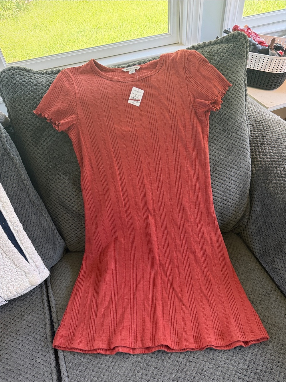 American Eagle Outfitters Rust Ribbed Short-Sleeve Mini Dress